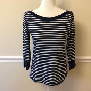 Anthropologie Akemi + Kin Navy and White Striped Top 3/4 Sleeves Size Medium EUC